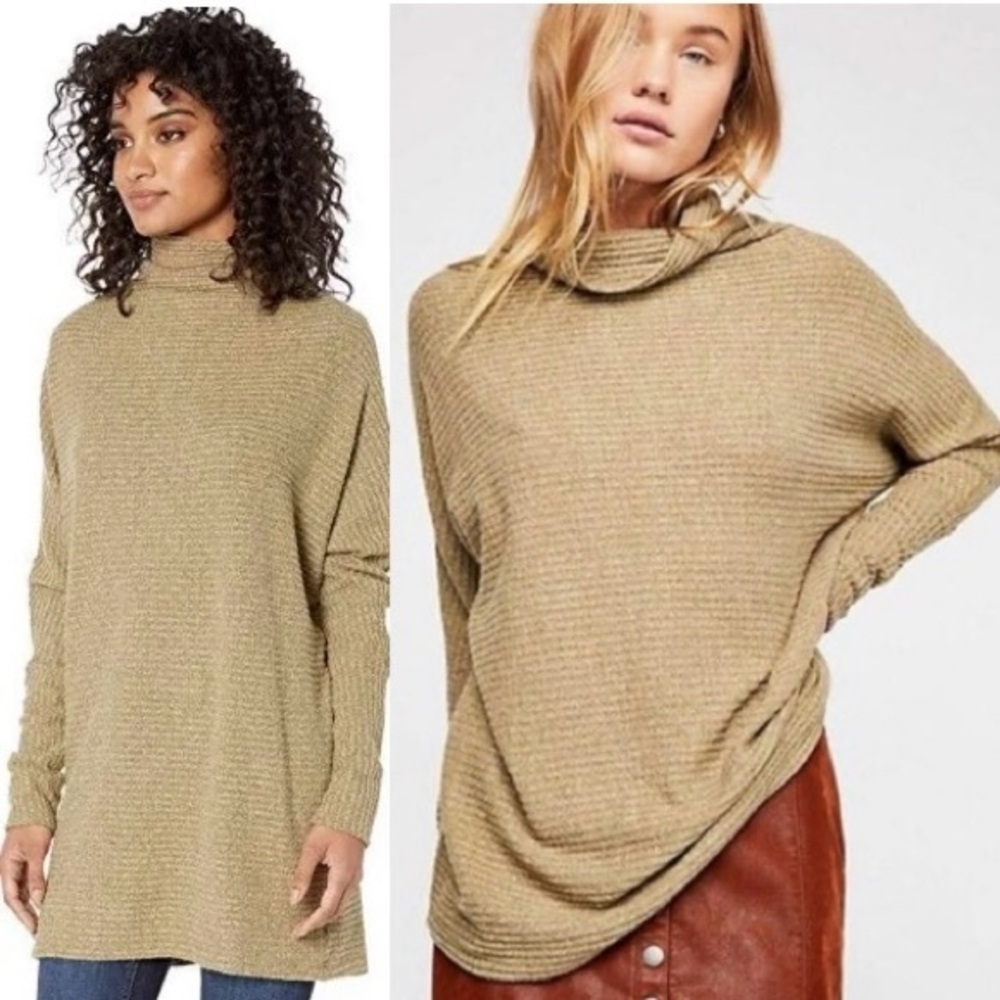 We The Free Kitty Slouchy Waffle Knit Olive Green Tunic Oversized Sweater Size S